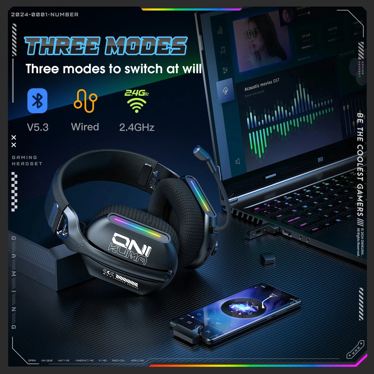 ONIKUMA GT828 Wireless Gaming Headset Bluetooth 5.3 RGB Headphones with Mic, Noise Cancelling, 4-Mode Connection for PC, PS5 & Laptop