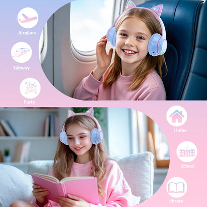 RGB Cat Ear Bluetooth Headphones Wireless Kids Headset with Microphone, Gradient LED Light Gaming Headphones, Stereo Music Bluetooth 5.3 Earphones for Girls