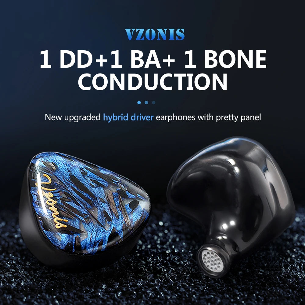Vzonis DDB-03 HiFi IEM 1DD+1BA+1 Bone Conduction Hybrid Driver Gaming Earphones In-Ear High Resolution Resin Music Headphone