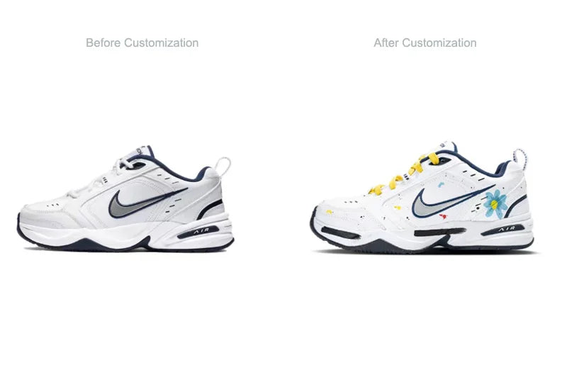 Adidași personalizați Nike Air Monarch 4 Crushed Ice Blue Floral Ink Splatter – pantofi de alergare pentru bărbați, cu talpă joasă