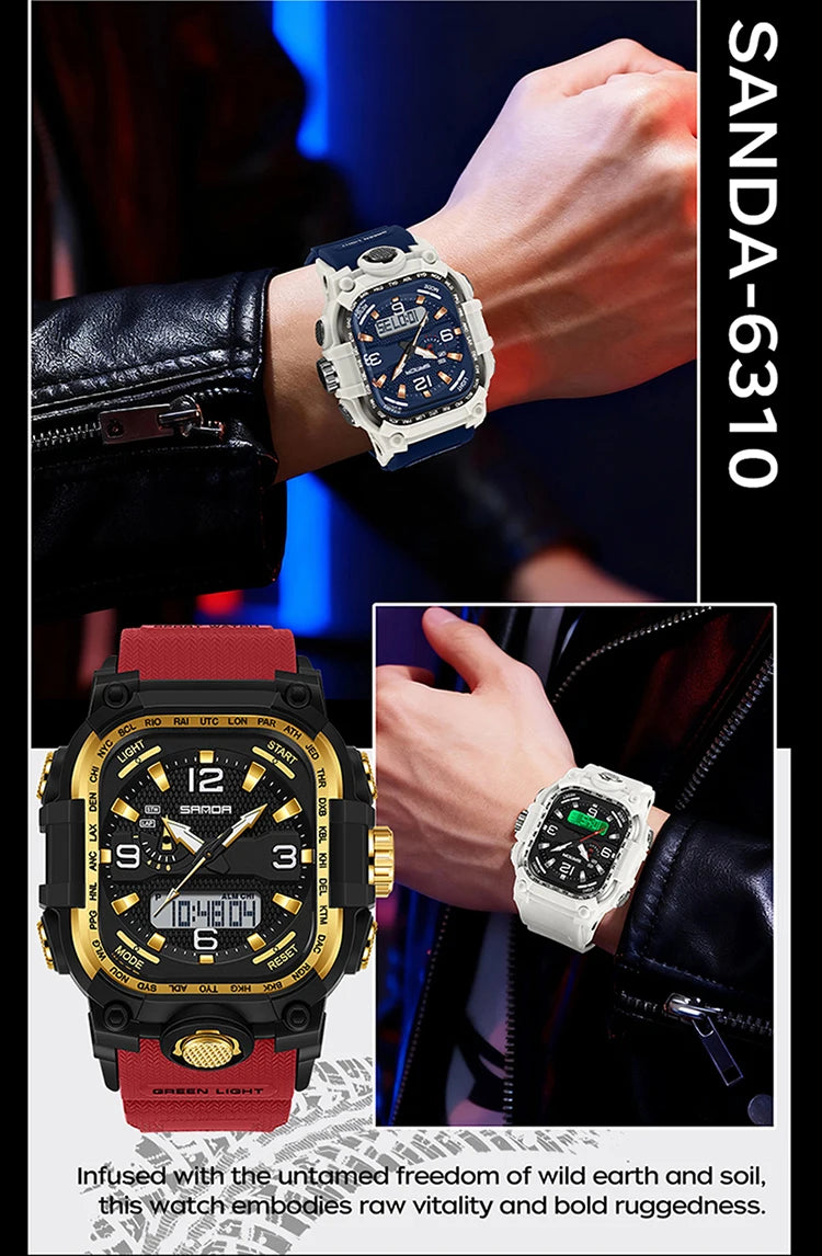 SANDA 6310 Men's Electronic Watch Multifunctional Luminous Alarm Clock Calendar Stopwatch Dual Display Digital Watches for Man
