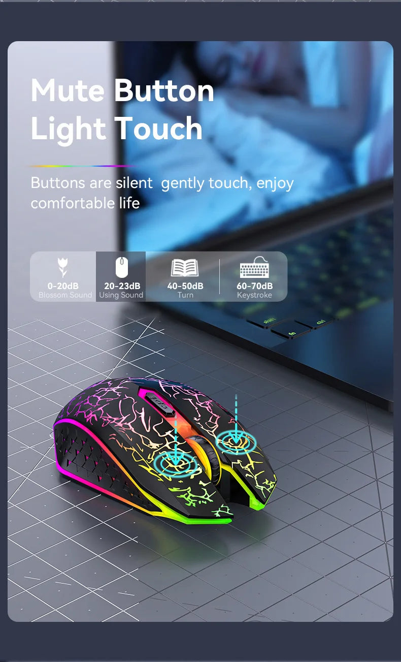 Rato sem fios Bluetooth 2.4GHz recarregável com retroiluminação RGB, 1600 DPI, design ergonómico, rato gaming para PC, portátil e MacBook