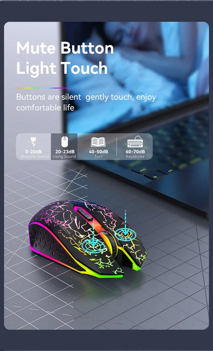 Rato sem fios Bluetooth 2.4GHz recarregável com retroiluminação RGB, 1600 DPI, design ergonómico, rato gaming para PC, portátil e MacBook