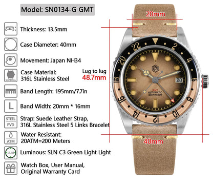 2025 New San Martin SN0134 Men Watch NH34 GMT Sandwich Dial 40mm Bidirectional Sapphire Bezel Luxury Sports Watch 20Bar Watches
