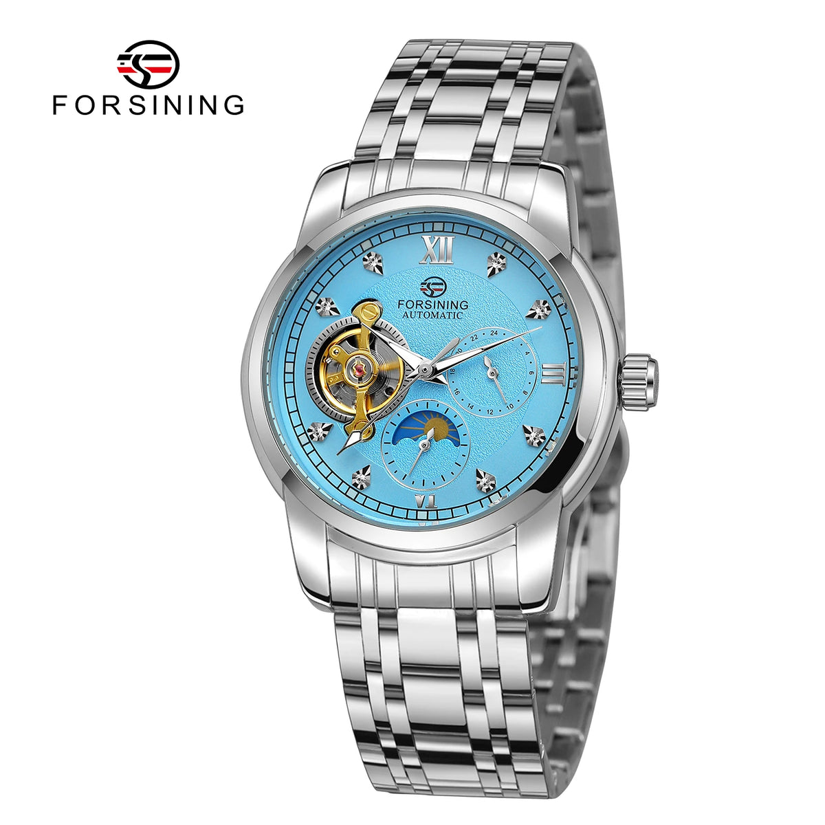Pánské mechanické hodinky s automatickým nátahem značky Forsining – luxusní, businessový a módní styl, kovový náramek, tourbillon, luminiscenční ručičky, zdobené umělými diamanty