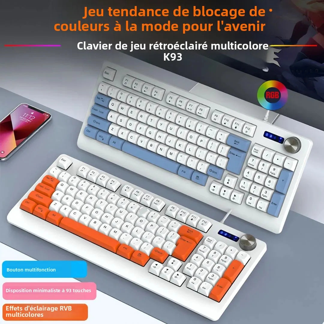 93 Keys Wired Gaming Keyboard with RGB Backlight Multi-Function Knob Color Matching Mechanical Feel Keyboard for PC Laptop Gamer