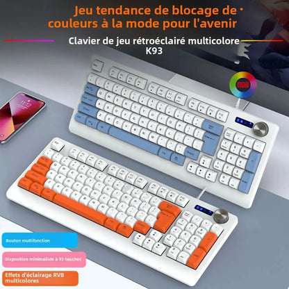93 Keys Wired Gaming Keyboard with RGB Backlight Multi-Function Knob Color Matching Mechanical Feel Keyboard for PC Laptop Gamer