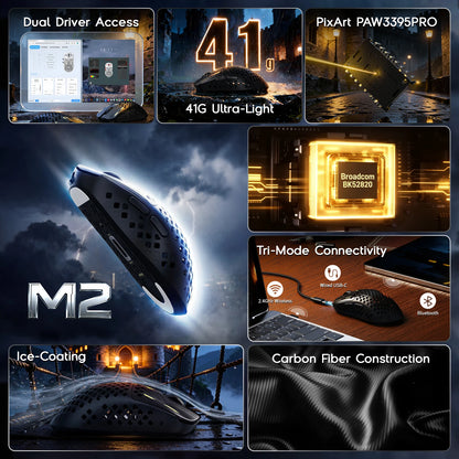 MAMBASNAKE M2 ultralichte draadloze gamingmuis, PAW3395PRO-sensor 40000 DPI, 41g koolstofvezel, tri-mode