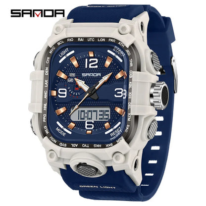SANDA 6310 Men's Electronic Watch Multifunctional Luminous Alarm Clock Calendar Stopwatch Dual Display Digital Watches for Man