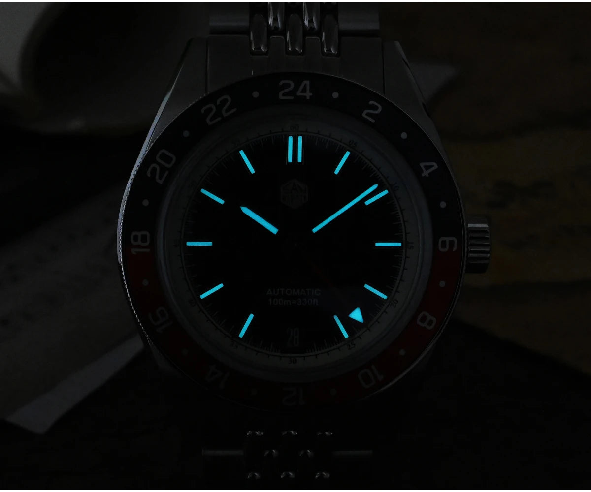 Relógio Automático Masculino San Martin 39.5mm Edição Limitada com Mostrador Full Lume NH34 GMT 6H Data 10Bar Luxo Kol Saati SN0116W