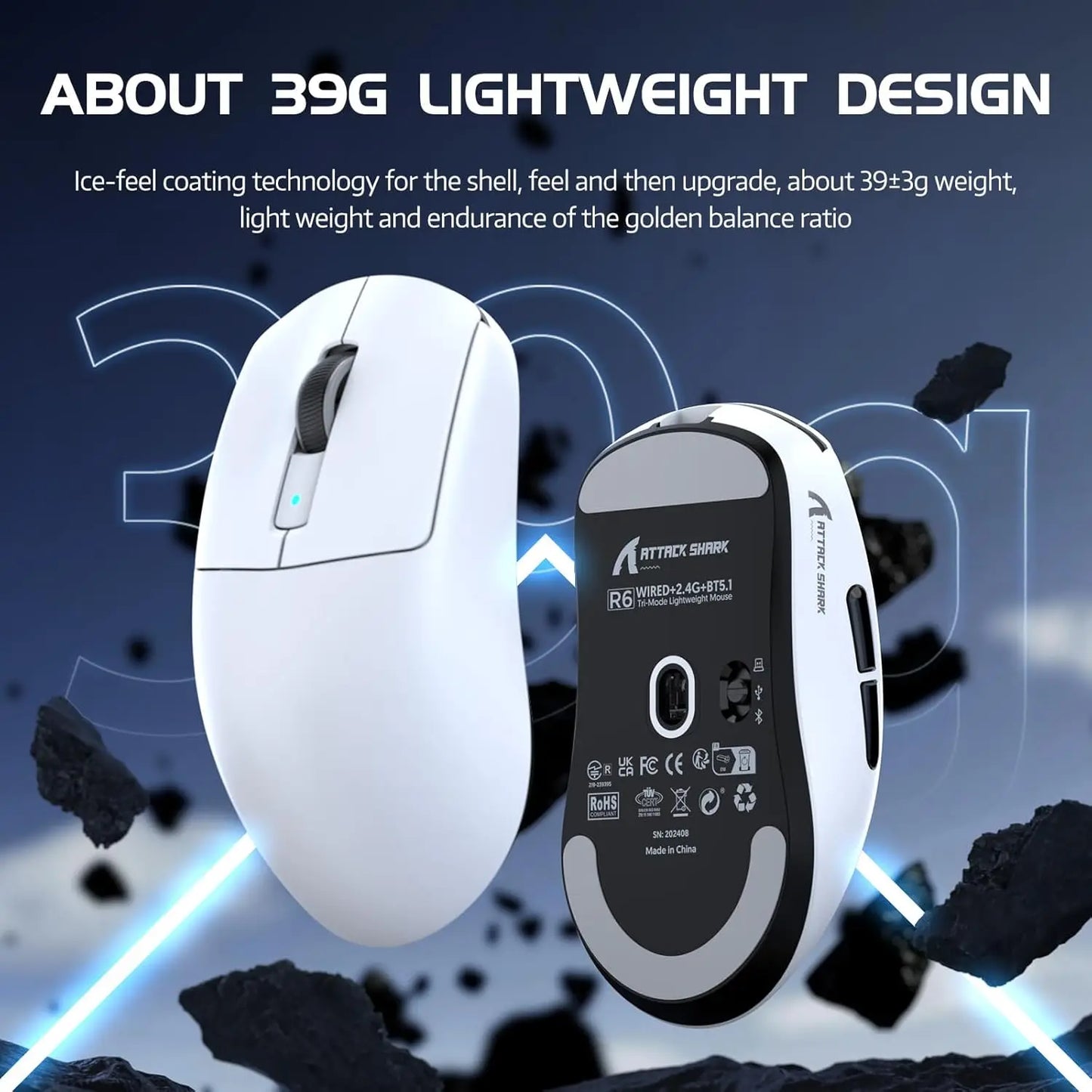 Attack Shark R6 leichte kabellose Gaming-Maus, Computermaus mit PAW 3950Max-Sensor, Nordic 52480 und 8KHz Polling