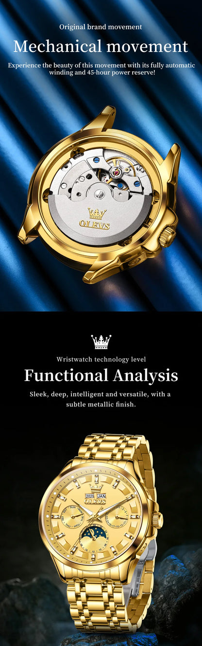 OELVS 7070 New Mens Watch Luxury Automatic Mechanical Watches For Man Moon Phase Waterproof Luminous Steel Watch Gift Box Reloj