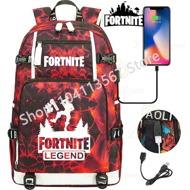 Yule Trooper F-Fortnited Battle Royale Rucksack mit USB-Ladeanschluss, Anime-Figuren, Lern- und Schreibwarenfach für Schüler