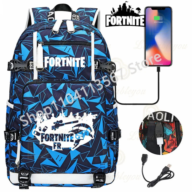 Yule Trooper F-Fortnited Battle Royale Rucksack mit USB-Ladeanschluss, Anime-Figuren, Lern- und Schreibwarenfach für Schüler