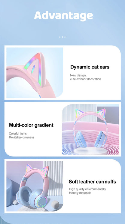RGB Cat Ear Bluetooth Headphones Wireless Kids Headset with Microphone, Gradient LED Light Gaming Headphones, Stereo Music Bluetooth 5.3 Earphones for Girls