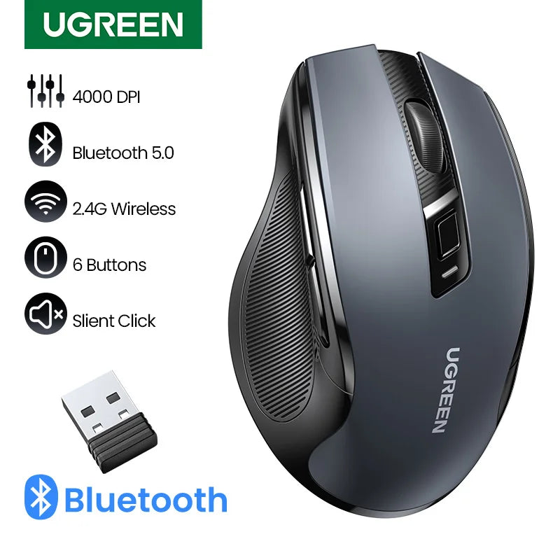 UGREEN Langaton Bluetooth 5.0 -hiiri, ergonominen 4000DPI, 6 hiljaista painiketta, MacBookille, tabletille, kannettaville tietokoneille, tietokoneelle ja PC:lle, 2.4G-hiiri