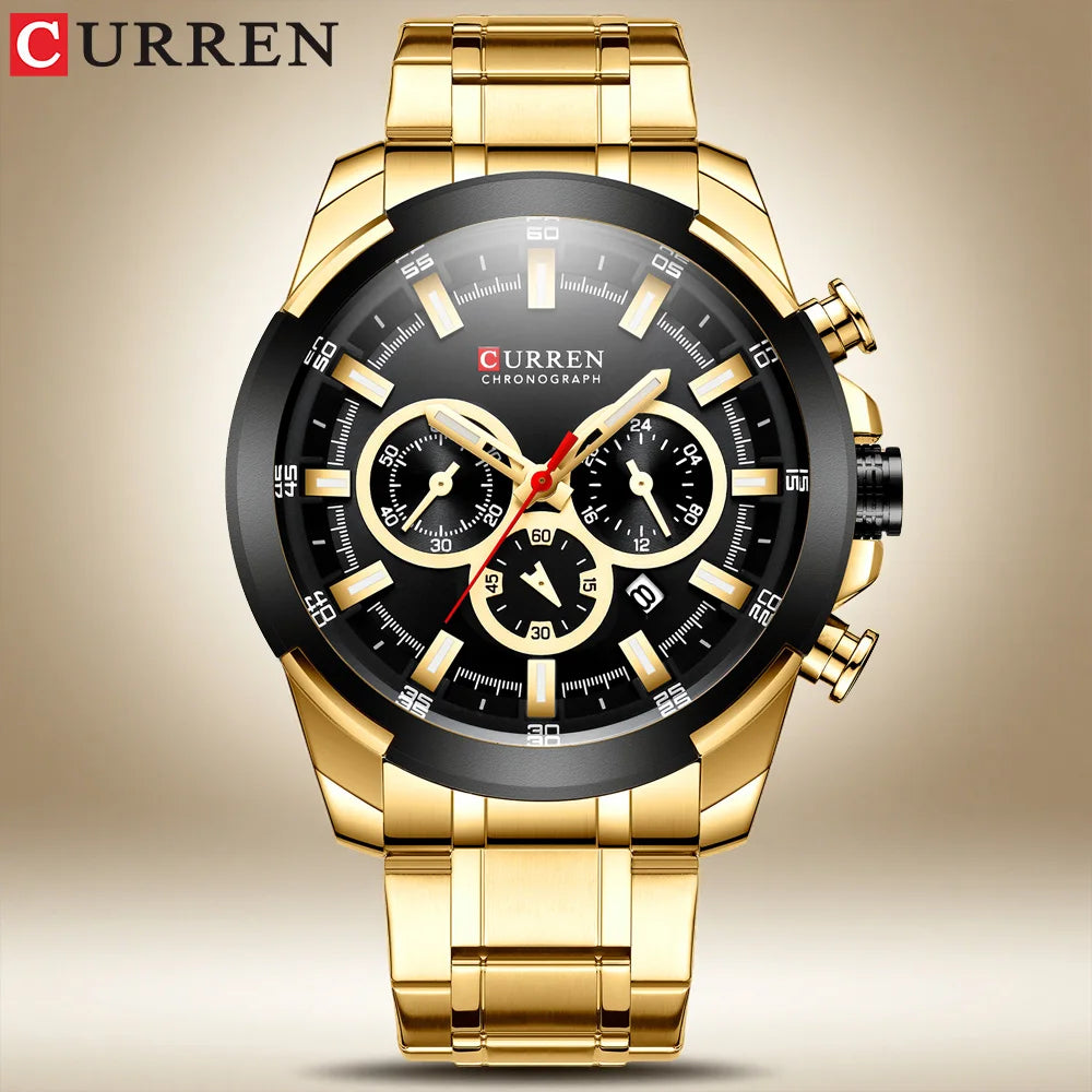 CURREN Chronographenuhr für Herren, großes Zifferblatt (48 mm), Edelstahlarmband, drei Hilfszifferblätter, Quarz-Sportarmbanduhr, luxuriöser Stil