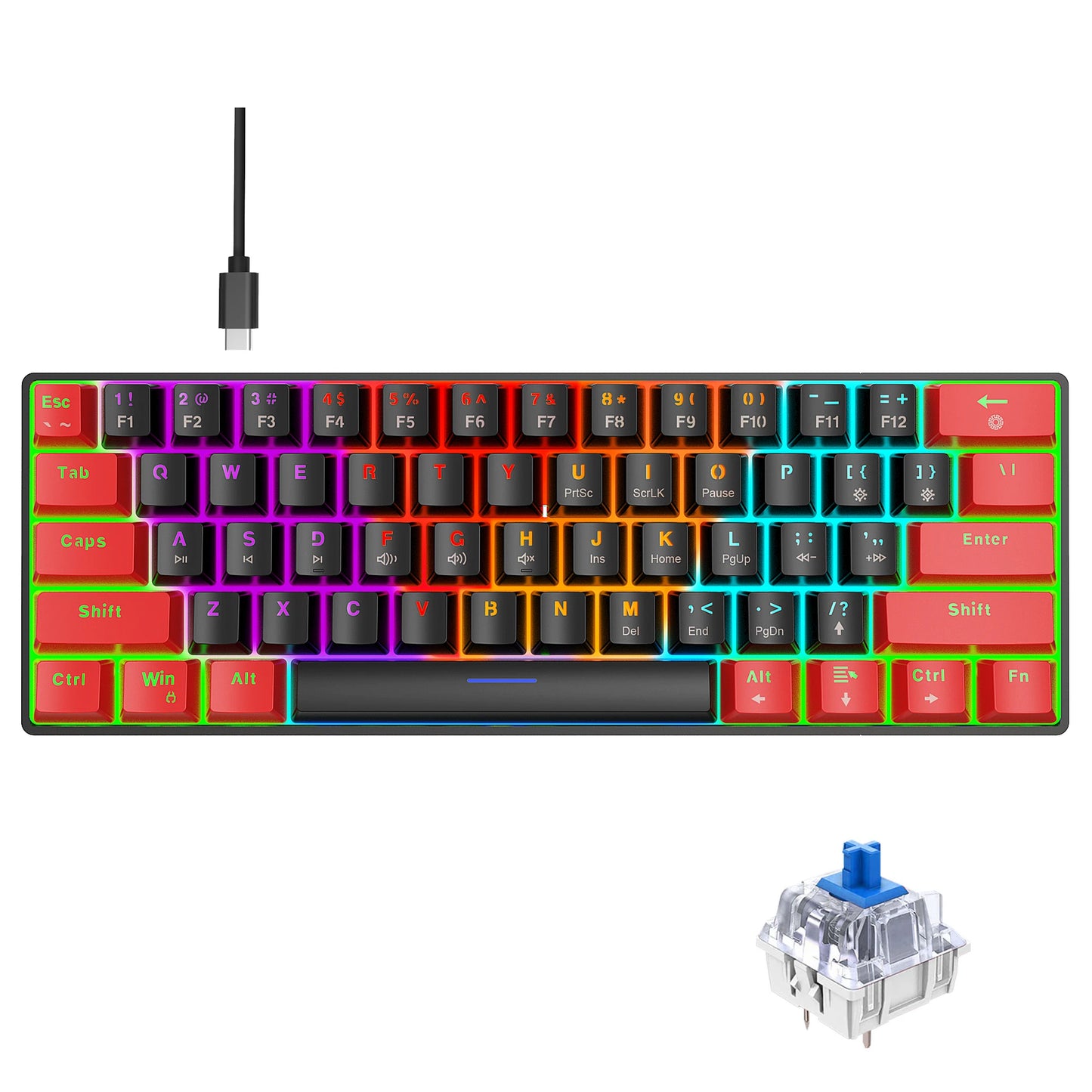 61 Keys Mechanical Gaming Keyboard RGB LED Backlit Compact Wired Red Switches Colorful Keycaps for Desktop Computers