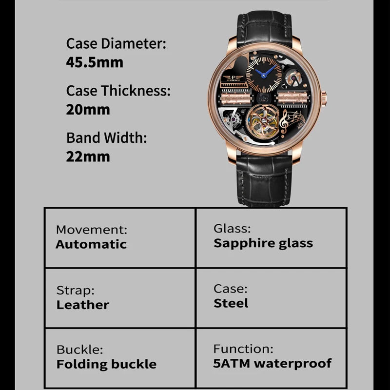 2025 NEUE PINDU Design Music Series Herrenuhr mit mechanischem Uhrwerk, Edelstahl, Saphirglas, luxuriöse automatische Uhr mit skelettiertem Design