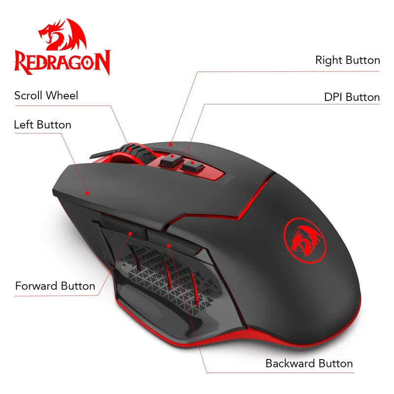 Redragon M690-1 2.4Ghz vezeték nélküli gamer egér DPI-váltással, 2 oldalsó gombbal, 2400 DPI, ergonomikus kialakítás, 8 gomb – fekete egér