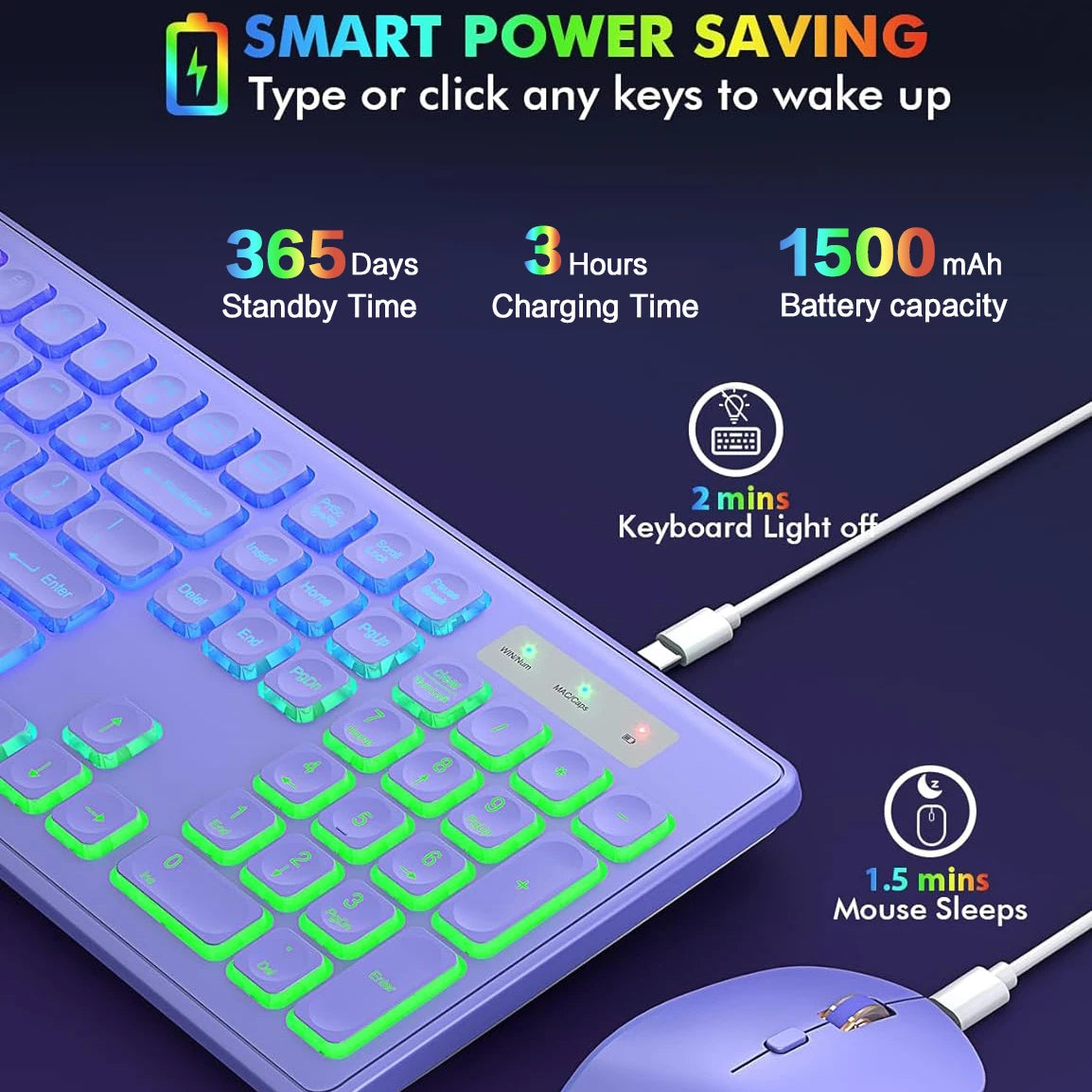 Ergonomic 2.4Ghz Wireless Keyboard Mouse Combo for PC/Laptop/Desktop Rechargeable Full Size Keyboard Mouse Set With RGB Backlit