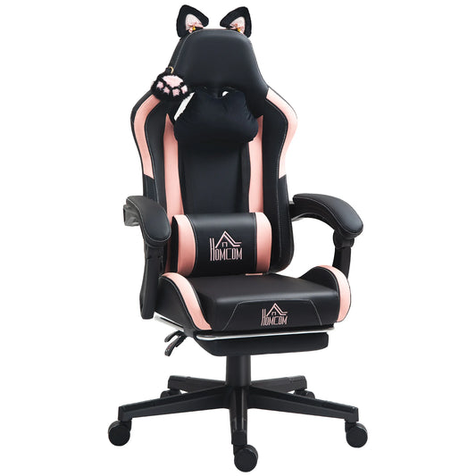 Gaming Chair with Cat Ears Ergonomic Office Chair, Reclining Gaming Chair with Footrest, Adjustable Height Computer Gaming Chair, PU Leather Gaming Chair for Home Office