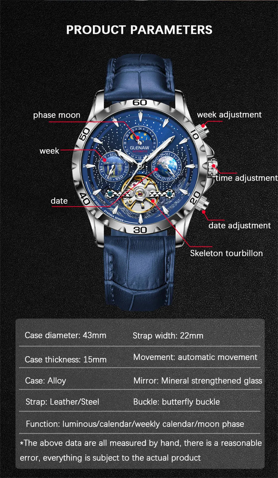 Relojes para hombre GLENAW Design, marca líder de lujo, moda y negocios, reloj automático impermeable para hombre, reloj mecánico para hombre