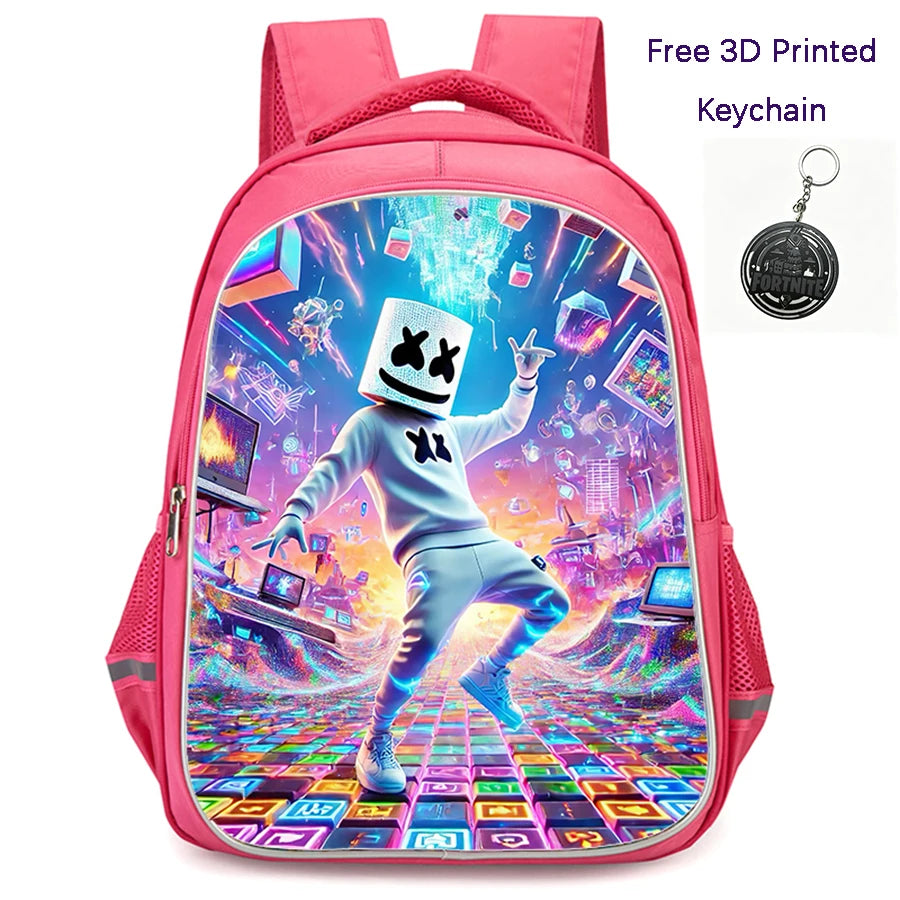 Mochila FORTNITE de 16 polegadas, resistente e leve, bolsos duplos com fecho, estilo cartoon para rapazes e raparigas dos 6 aos 10 anos, porta-chaves 3D impresso grátis