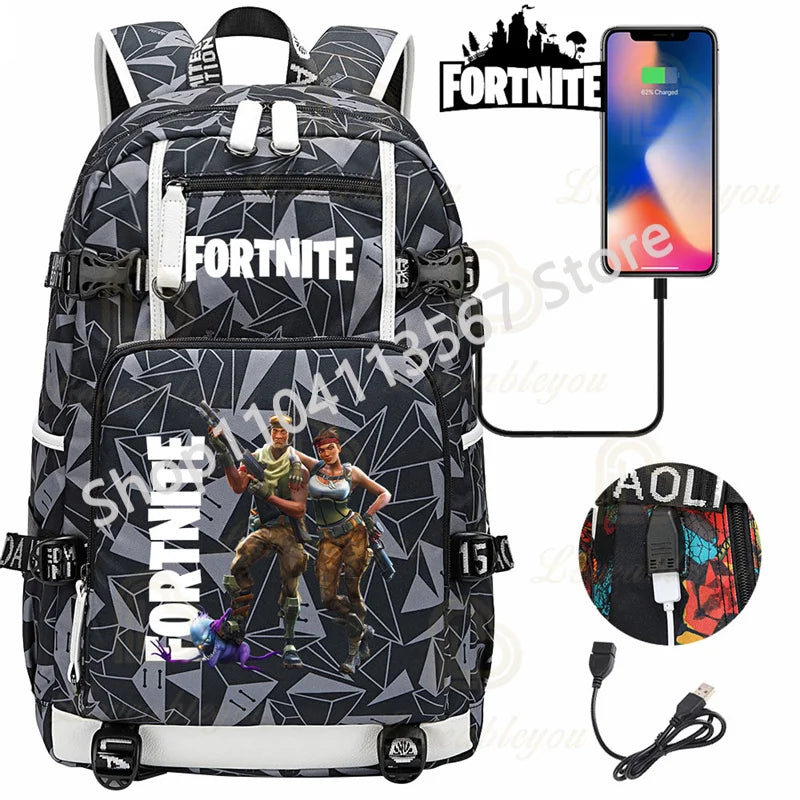 Ultima Knight F-Fortnited Battle Royale Backpack with USB Charging Anime Figures Study Stationery Compartment for Students