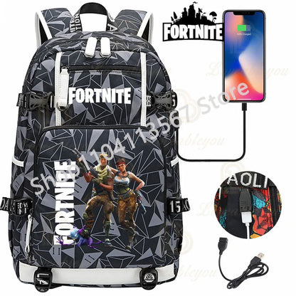 Ultima Knight F-Fortnited Battle Royale Backpack with USB Charging Anime Figures Study Stationery Compartment for Students