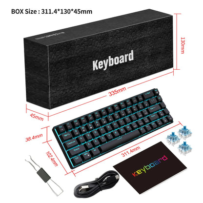 Glo 68 Keys Mechanical Keyboard Ergonomics RGB Backlit LED Hot Swappable Blue Switch Gaming Keyboard for PC Laptop Office