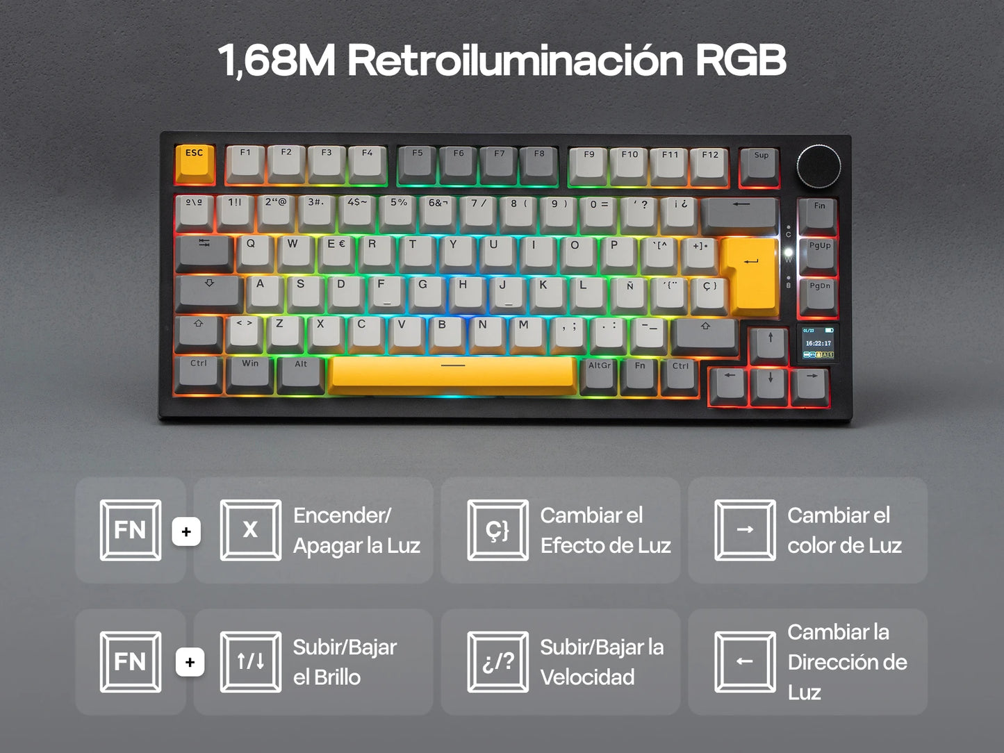 ISO-ES Layout EPOMAKER X AJAZZ AK820 PRO 75% Spanish Layout Wired/2.4GHz/BT Mechanical Keyboard with Screen & Knob for Pc/Mac