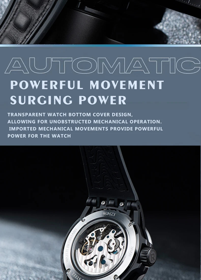 OBLVLO Men's Two Tone Big Skeleton Dial Mechanical Automatic Watch Luminous Waterproof Rubber Band Machinery Clock RD-903
