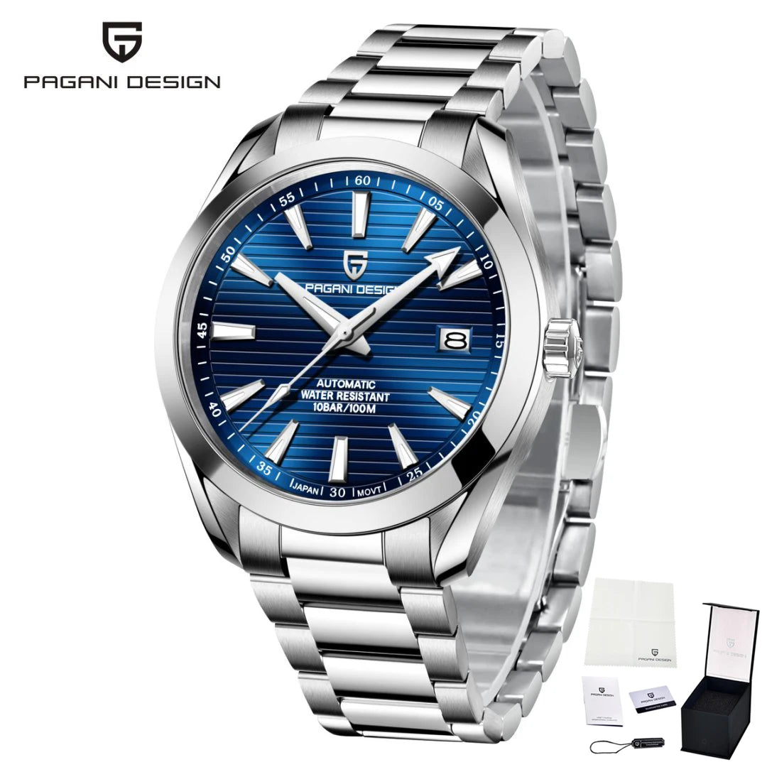 PAGANI DESIGN luxury men’s watch – Mechanical automatic model (calibre 8215), stainless steel, water-resistant, with date display and luminescent hands