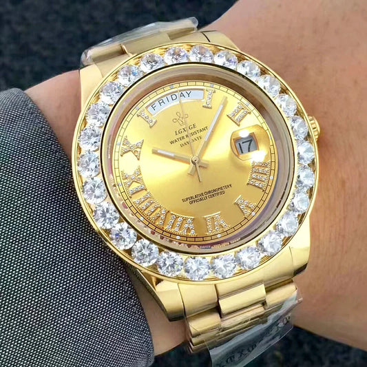 2025 New Big Diamond Watch For Men day date Water Resistant Quartz Wristwatch Top Brand Luxury Casual AAA Male Wrist Watch Gilft