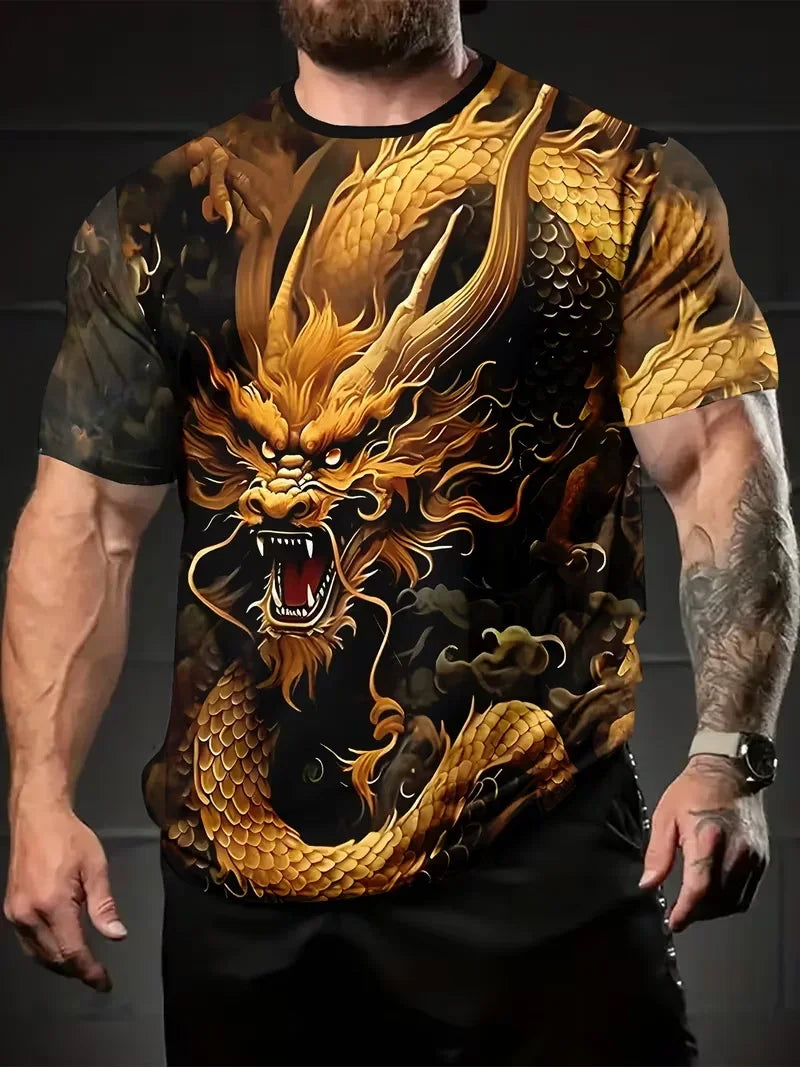Cool Dragon -kuvioinen miesten T-paita, 3D-teräväpiirtopainatus, trendikäs pyöreäkaulainen vapaa-ajanpaita, nopeasti kuivuva, oversize-mitoitettu miesten vaate