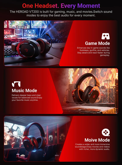 QCY Casque Gamer Sans Fil Heroad VT200 avec Microphone Détachable, Casque Over-Ear, Connexion Tri-Mode, Son Surround 7.1 pour PC, PS4 et PS5