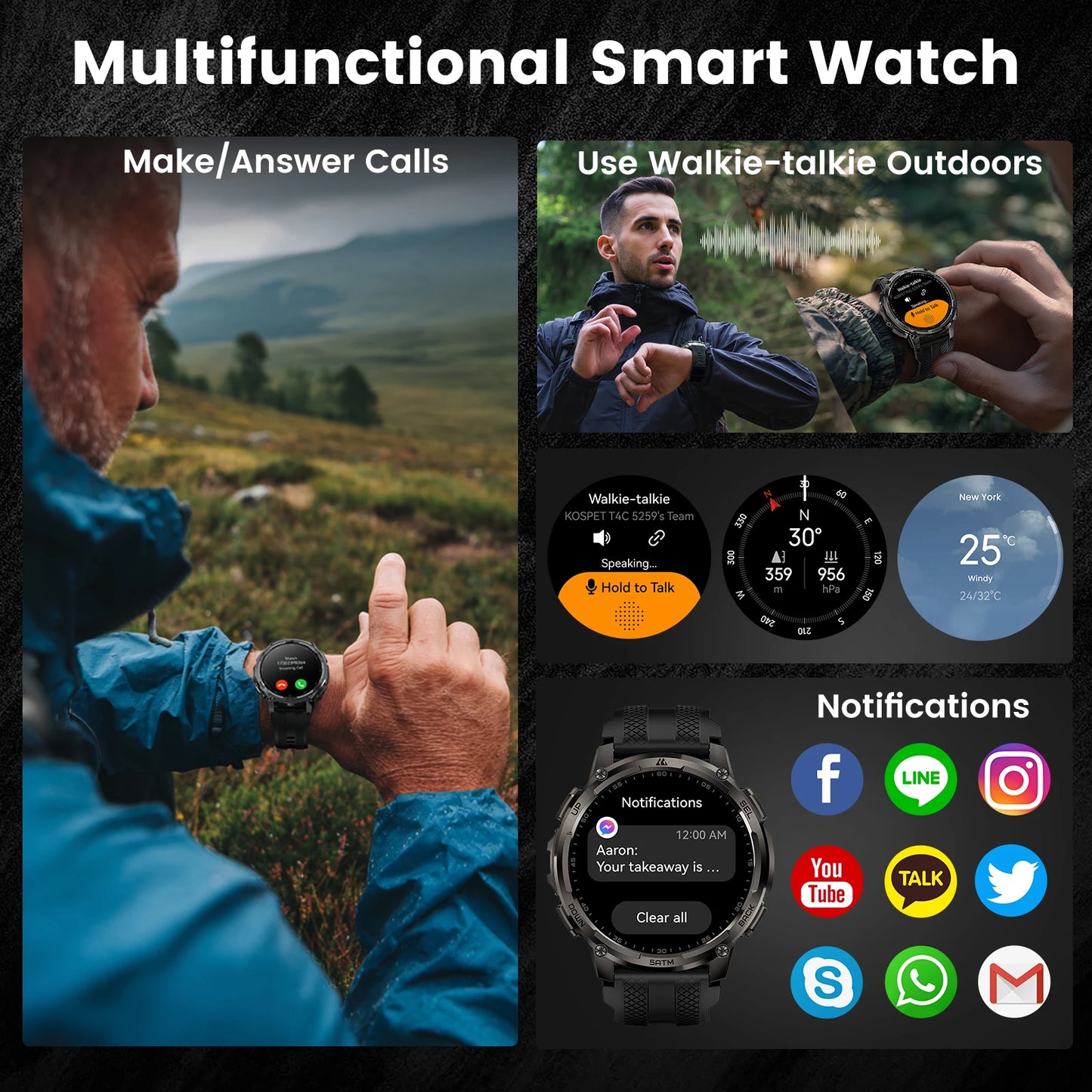 KOSPET TANK T4C Men's Outdoor Watch Rugged GPS  50M Waterproof Military Spec with Integrated Flashlight and Activity Tracking