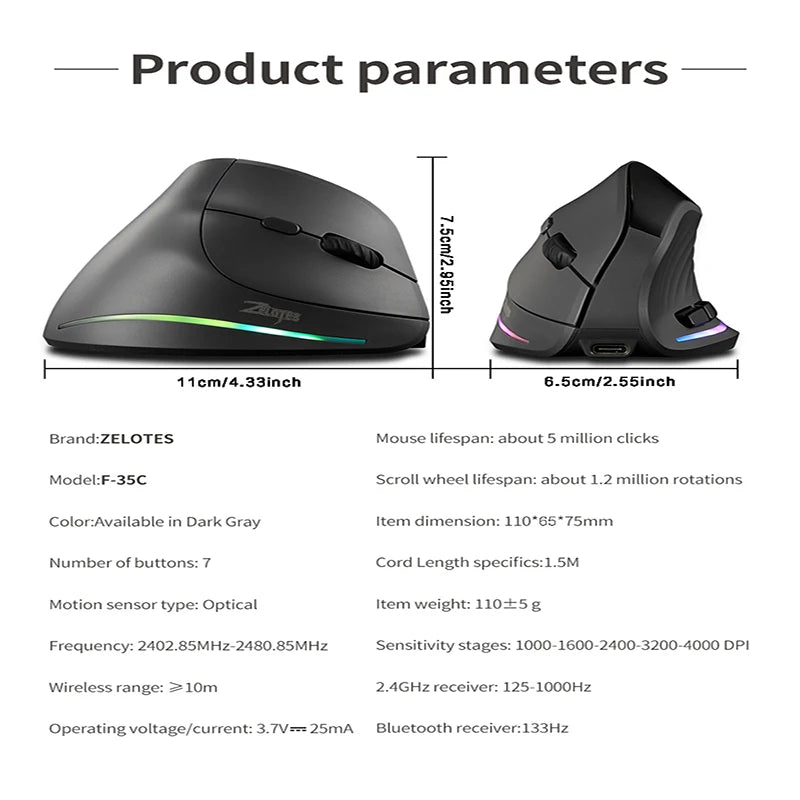 Mouse verticale wireless ricaricabile con display, ergonomico, 6 pulsanti programmabili, gaming per gamer desktop