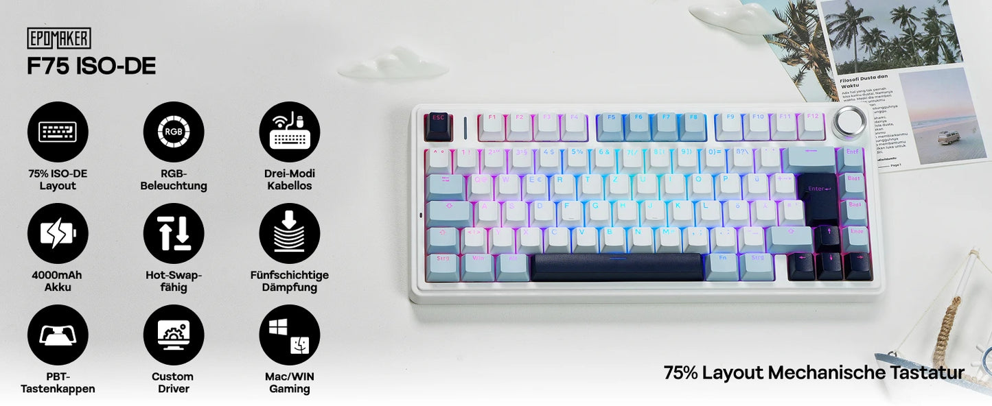 EPOMAKER x AULA F75 ISO-DE Tri-Mode Connectivity QWERTZ German Layout Wireless Mechanical Keyboard with 4000 mAh Battery