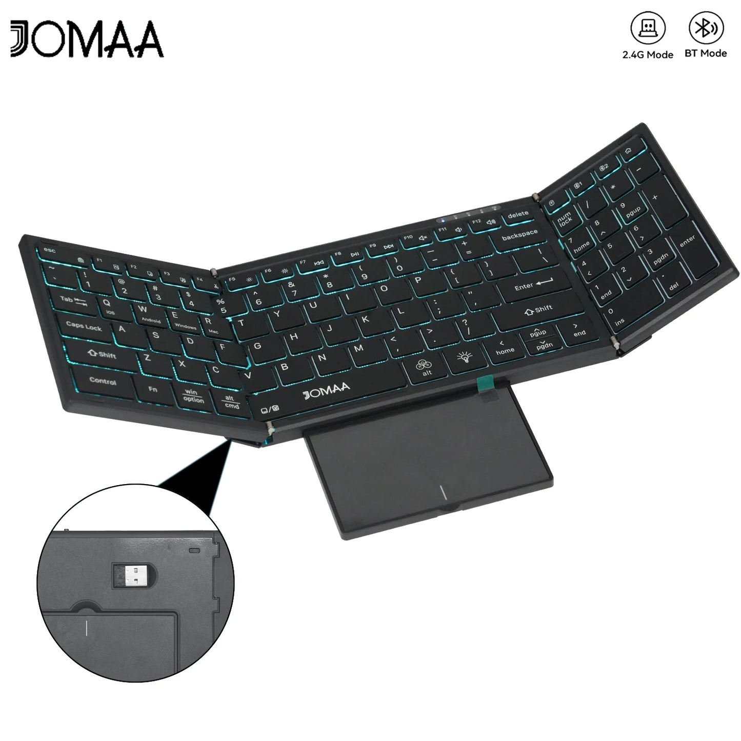 Tastiera touchpad wireless Bluetooth Dual Mode portatile con retroilluminazione RGB, 98 tasti, tastiera da ufficio pieghevole per PC/Laptop/Mac - Nero