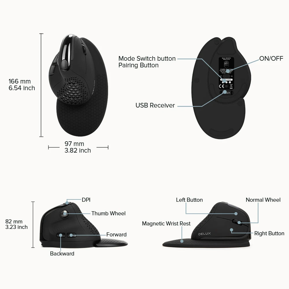DELUX M618XSD Ergonomic Vertical Mouse with OLED Screen, 4000 DPI, Rechargeable 1000mAh Battery, Wireless & Wired Computer Mouse