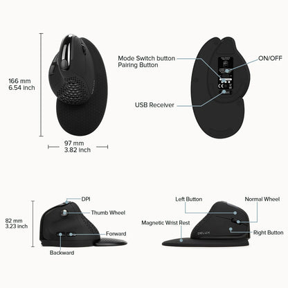 DELUX M618XSD Ergonomic Vertical Mouse with OLED Screen, 4000 DPI, Rechargeable 1000mAh Battery, Wireless & Wired Computer Mouse