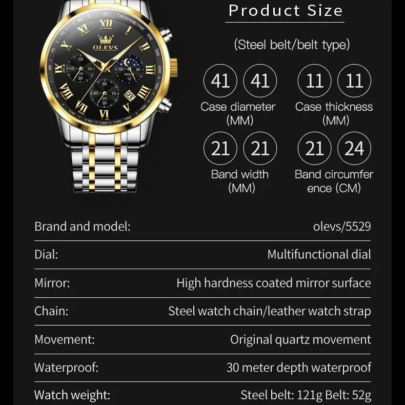 OLEVS 5529 Top-Luxusmarke Herrenuhr wasserdicht leuchtend Edelstahl Mondphase Timing Code Uhr neue Quarz-Herrenuhr