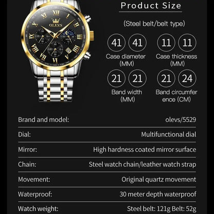 OLEVS 5529 Top-Luxusmarke Herrenuhr wasserdicht leuchtend Edelstahl Mondphase Timing Code Uhr neue Quarz-Herrenuhr
