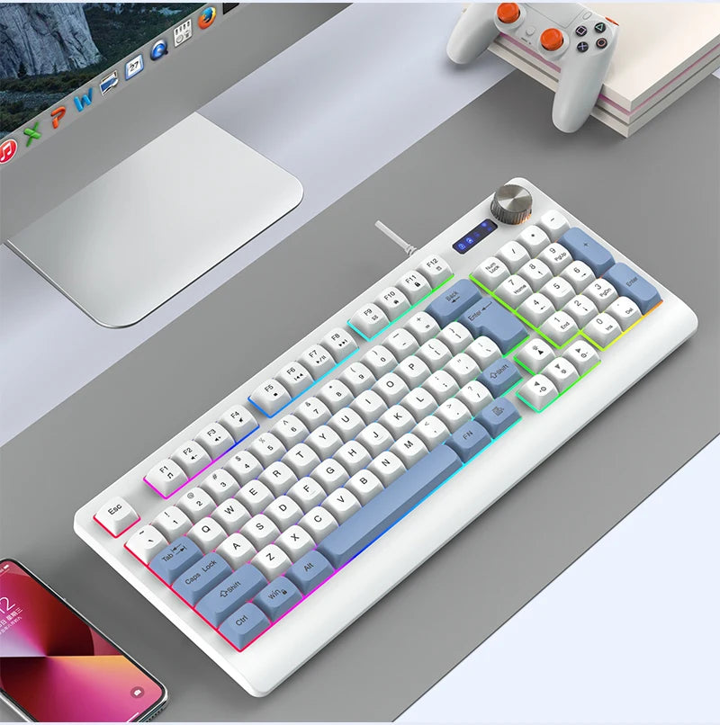 93 Keys Wired Gaming Keyboard with RGB Backlight Multi-Function Knob Color Matching Mechanical Feel Keyboard for PC Laptop Gamer