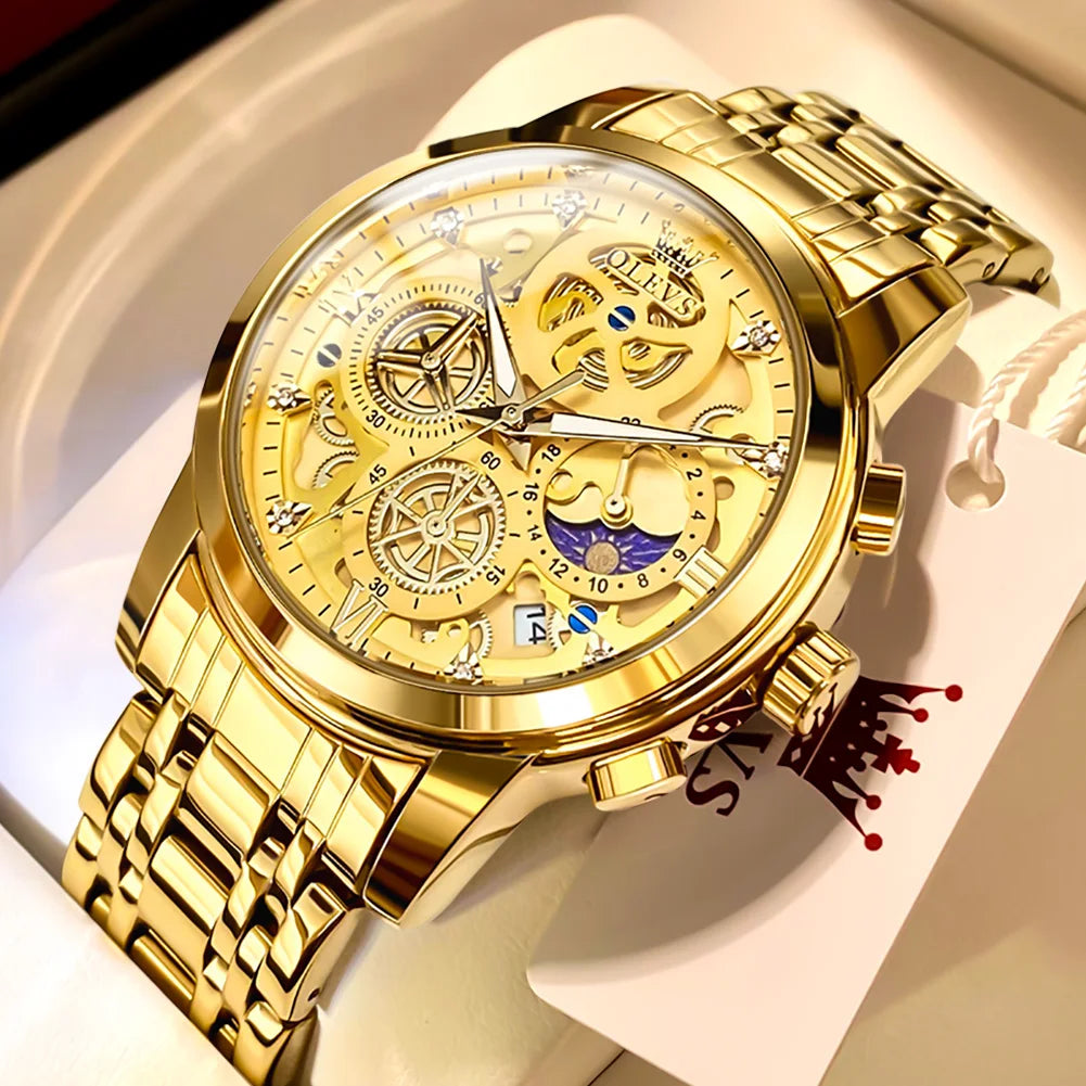 OLEVS herenhorloge – Luxe model, waterdicht, quartz, skeletstijl, 24-uursweergave (dag/nacht), goudkleurig