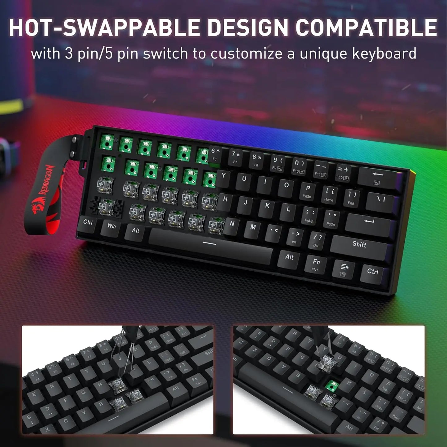 Redragon K530 Pro 60% Wireless RGB Mechanical Keyboard, 61 Keys, Hot-Swappable, Compact, with Carrying Strap