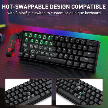 Redragon K530 Pro 60% Wireless RGB Mechanical Keyboard, 61 Keys, Hot-Swappable, Compact, with Carrying Strap