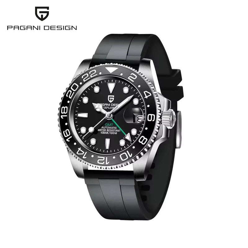 PAGANI DESIGN 40mm GMT Men's Mechanical Watches Rubber Strap Rotating Bezel 100 Waterproof Sports Wristwatch Mens Business Clock